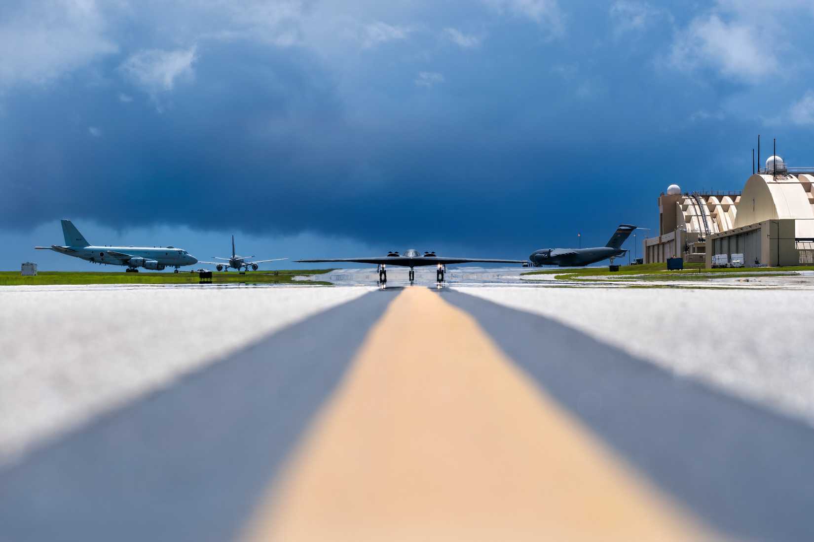 A photo of a B-2 Preparing to takeoff from Anderson AFB