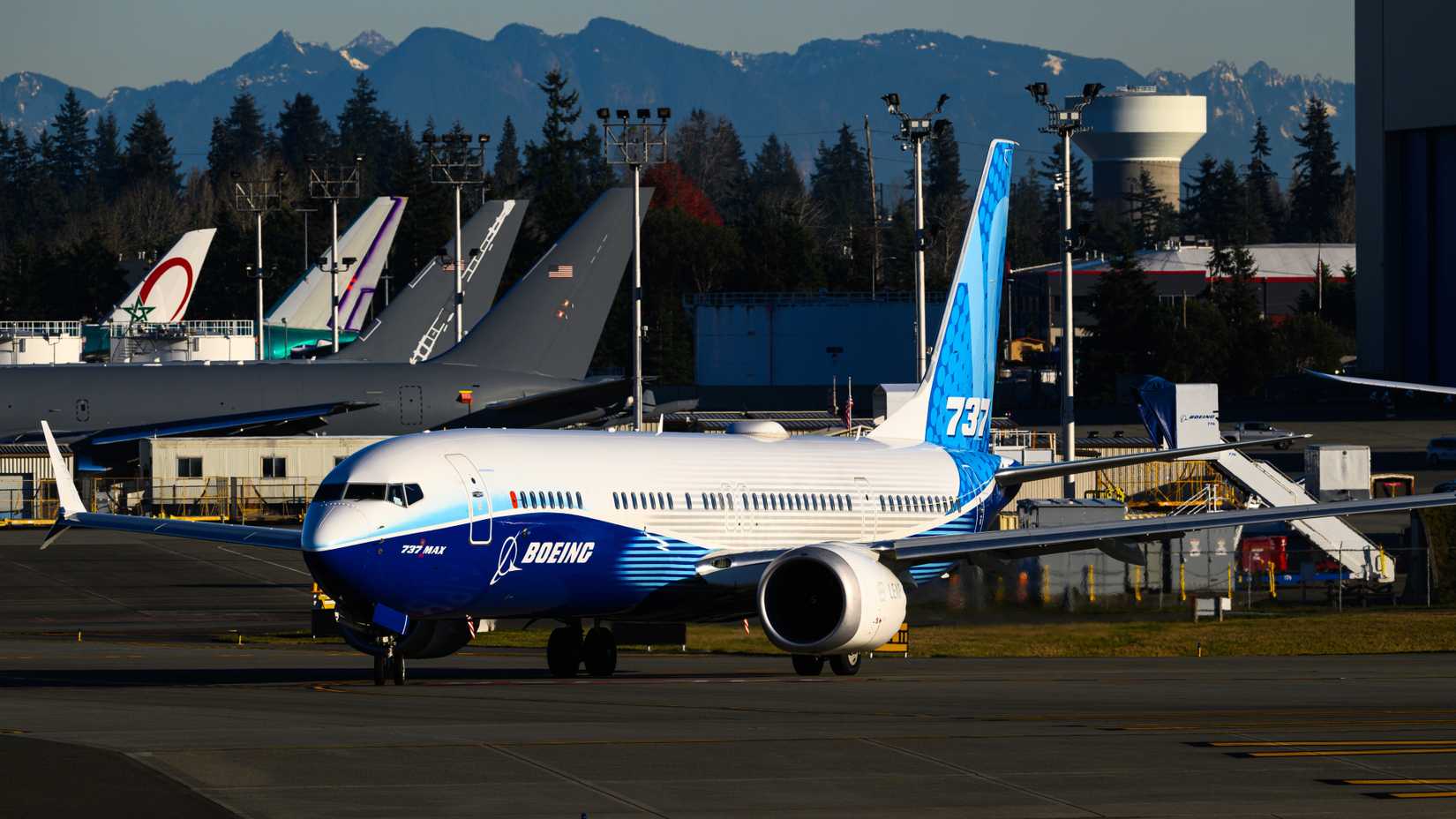 Boeing 737 MAX 10 aircraft taxiing in company colors at Paine Field factory