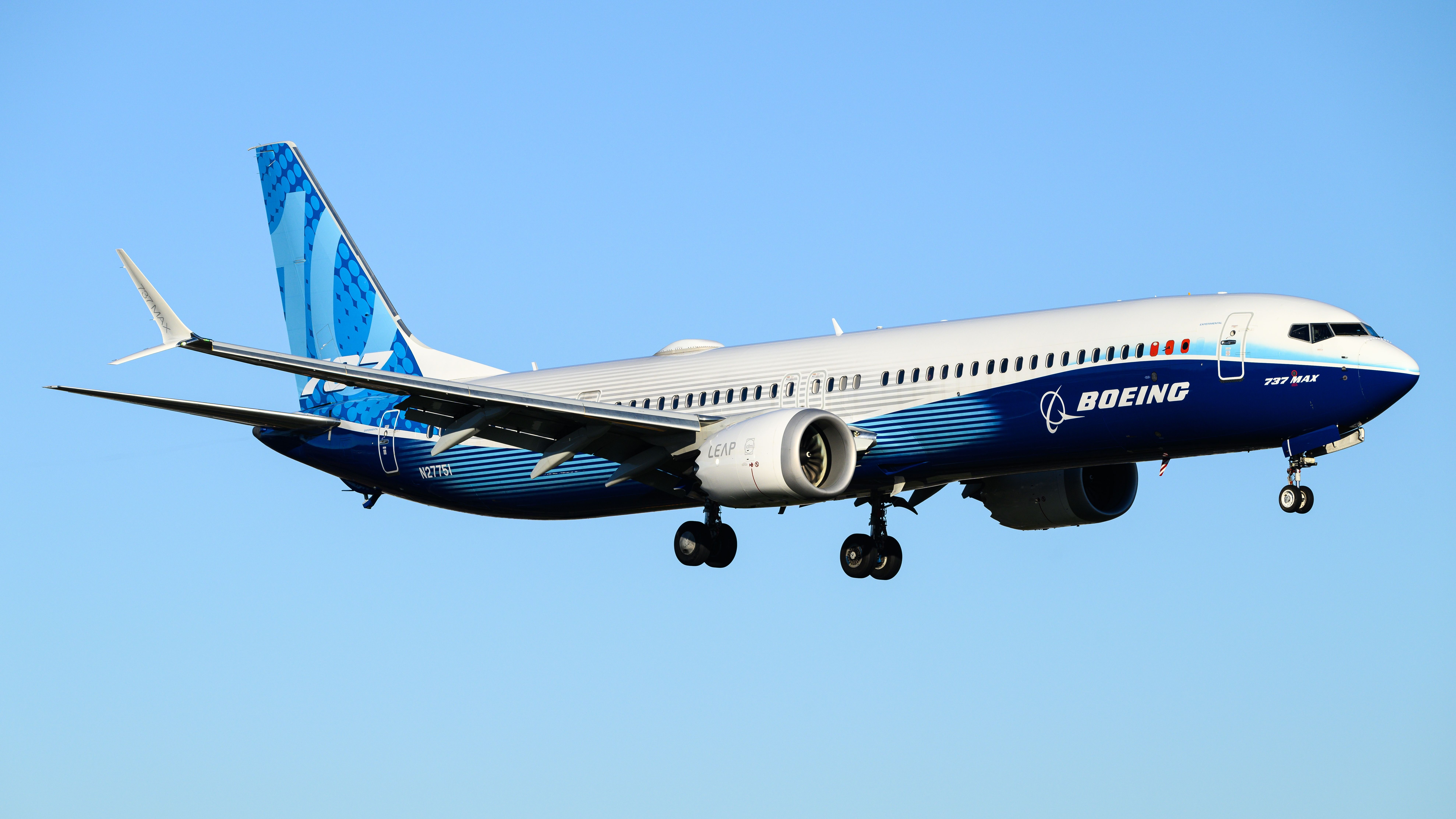 Boeing 737 MAX 10 experimental aircraft flying in company colors registration N27751