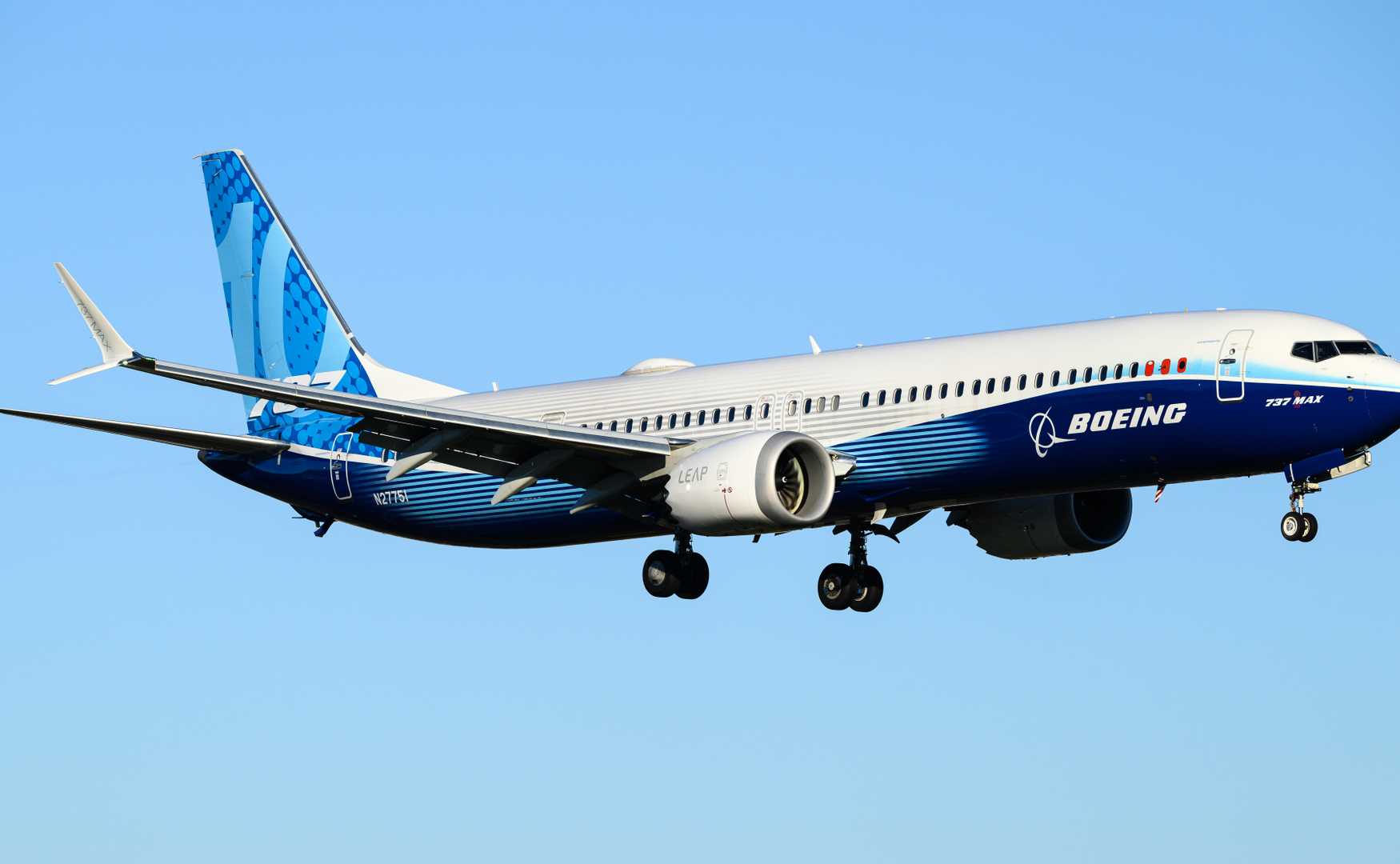 Boeing 737 MAX 10 experimental aircraft flying in company colors registration N27751