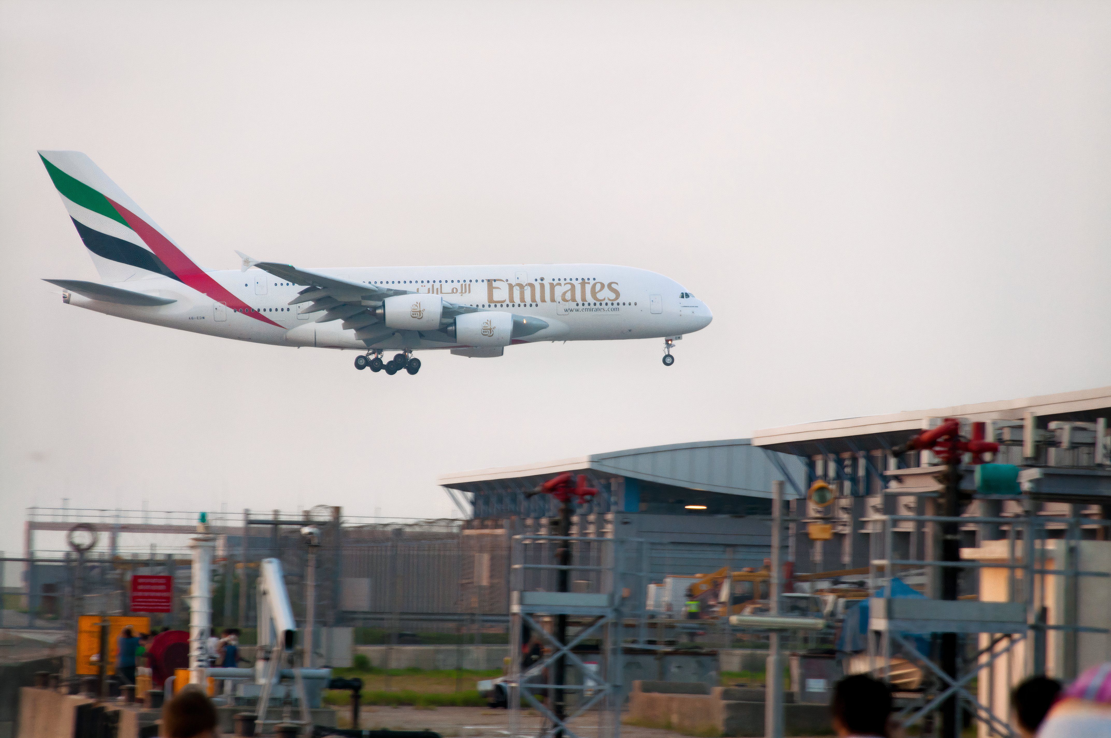 Emirates Airbus A380 on final approach to Hong Kong.