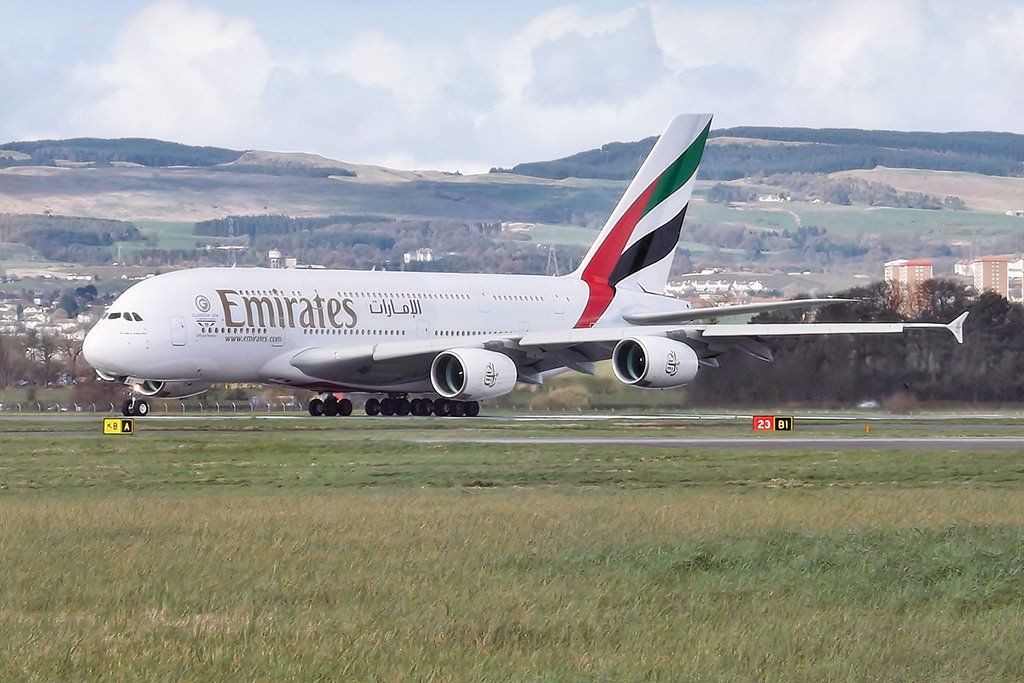 Emirates Airbus A380 at Glasgow Airport.