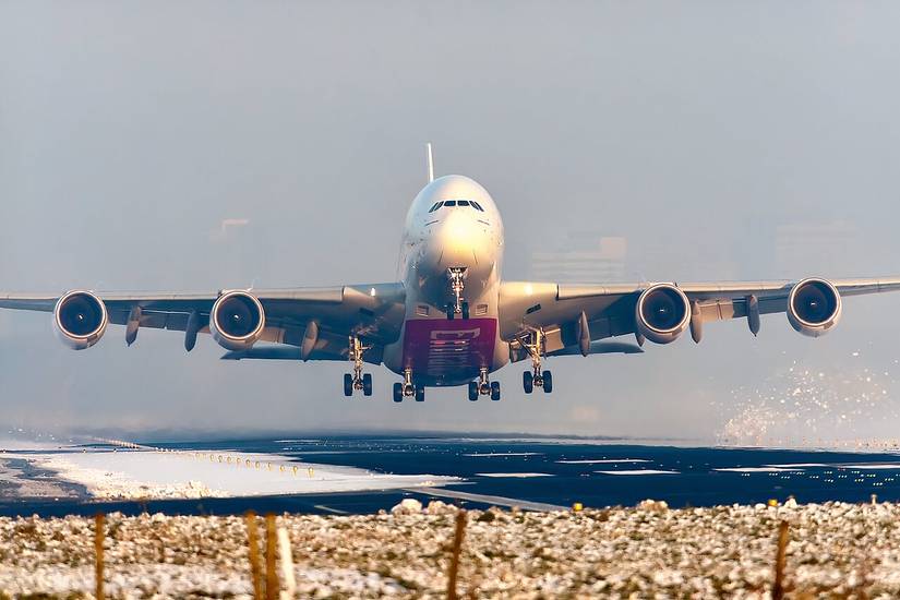 Emirates A380 taking off from Amsterdam