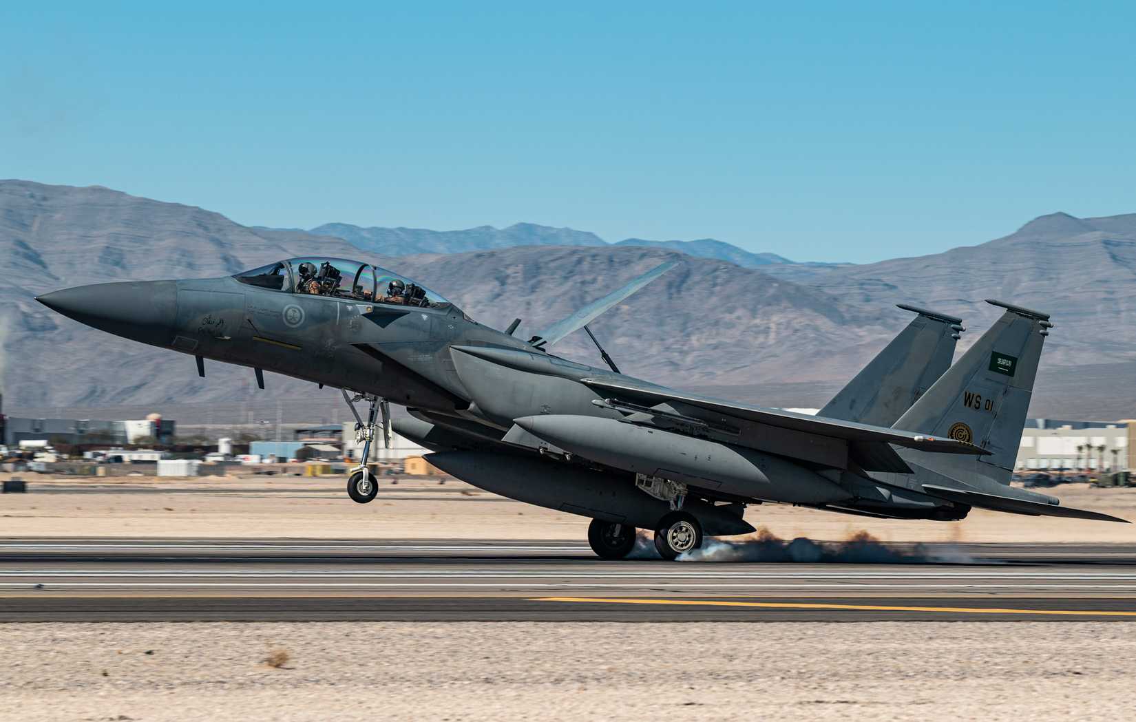 F-15SA, assigned to the Royal Saudi Air Force Weapons School, lands in preparation of Red Flag-Nellis 22-2 at Nellis Air Force Base, Nevada, March 1, 2022