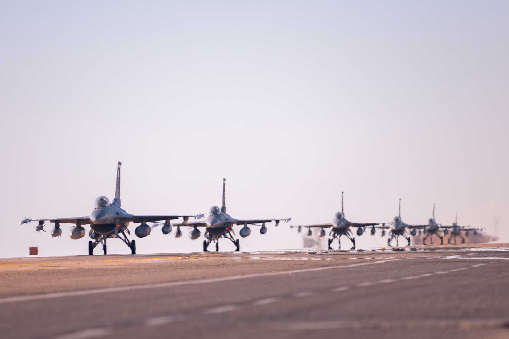 F-16C Fighting Falcons arrive to the 332nd Air Expeditionary Wing at Muwaffaq Salti Air Base in Jordan