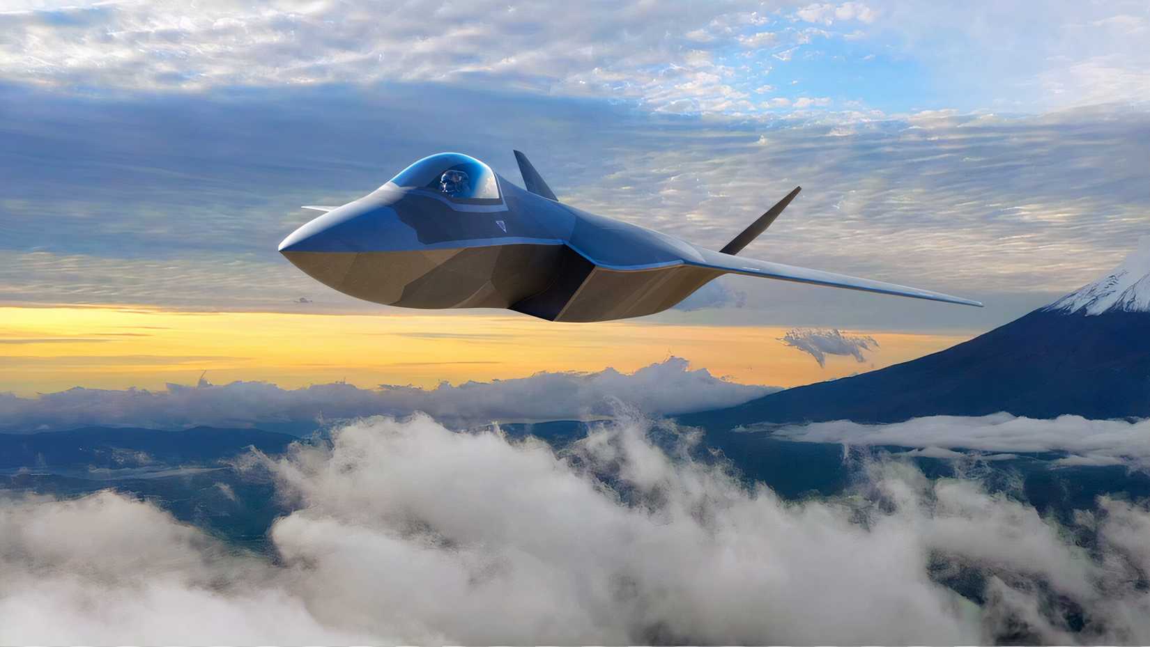 A concept image of a GCAP aircraft flying towards the viewer against a sunset, with mount Fuji in the background.