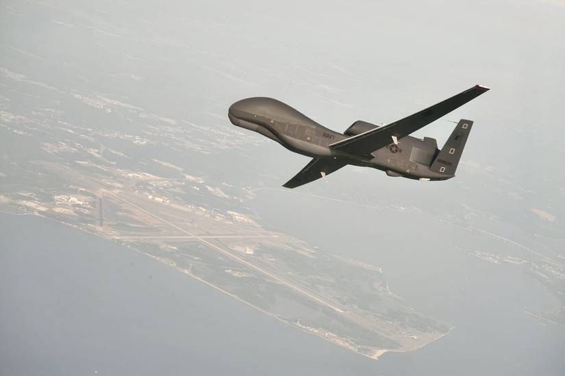 A photo of a Global Hawk conducts tests over Naval Air Station Patuxent River.
