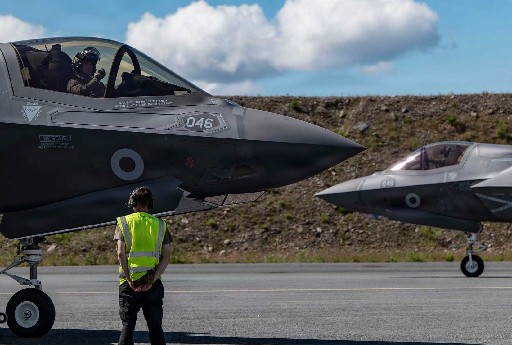 Hot-pit refueling on a Royal Navy F-35B Lightning II aircraft during Ramstein Flag 26