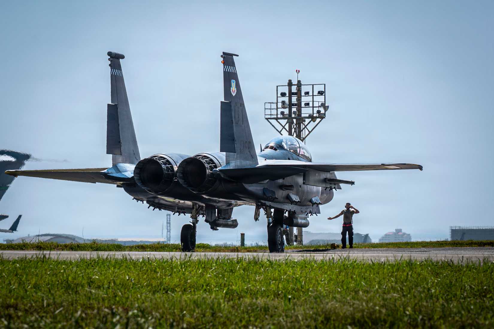 ir Force F-15E Strike Eagle assigned to the 85th Test and Evaluation Squadron, Eglin Air Force Base, Florida, taxis at Kadena Air Base, Japan, July 8, 2026. 