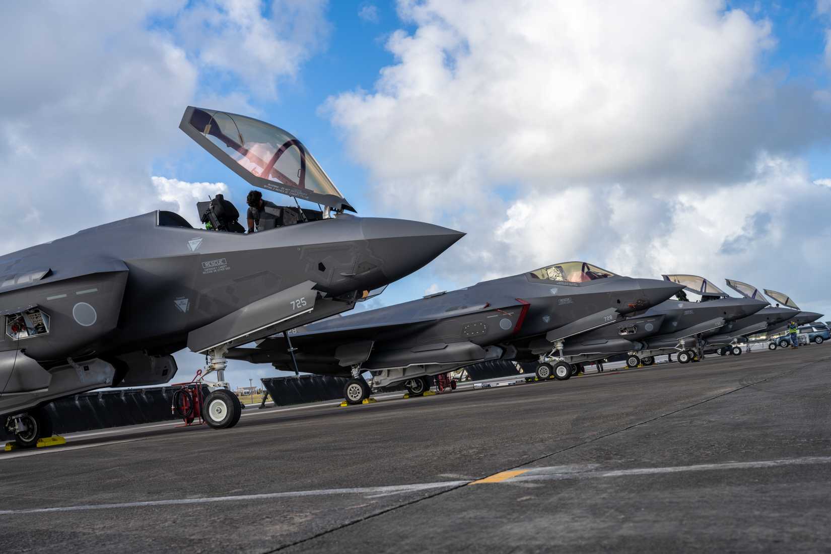 Japan Air Self Defense Force maintainers prepare F-35A Lightning IIs on the flight-line for exercise Cope North 25 at Andersen Air Force Base, Guam, Feb. 13, 2025