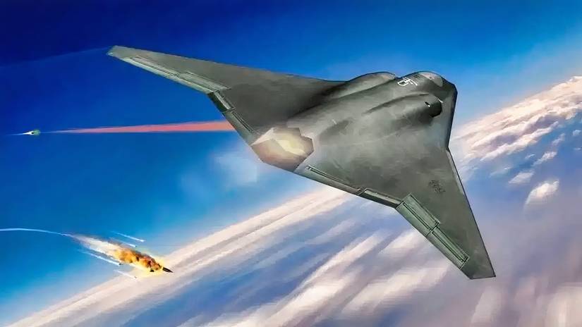 A concept photo of a sixth-generation fighter firing a laser at an enemy aircraft