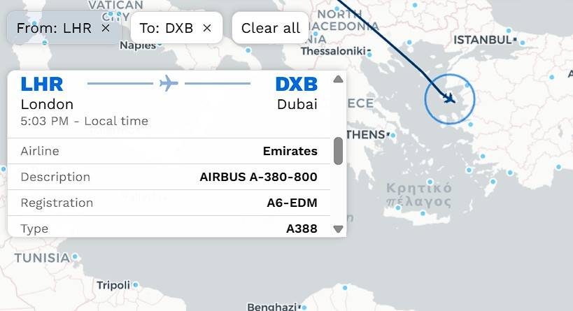Screenshot of LHR-DXB flight on Simple Flying Flight Tracker