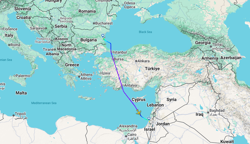 LOT Burgas Tel Aviv Flight Map