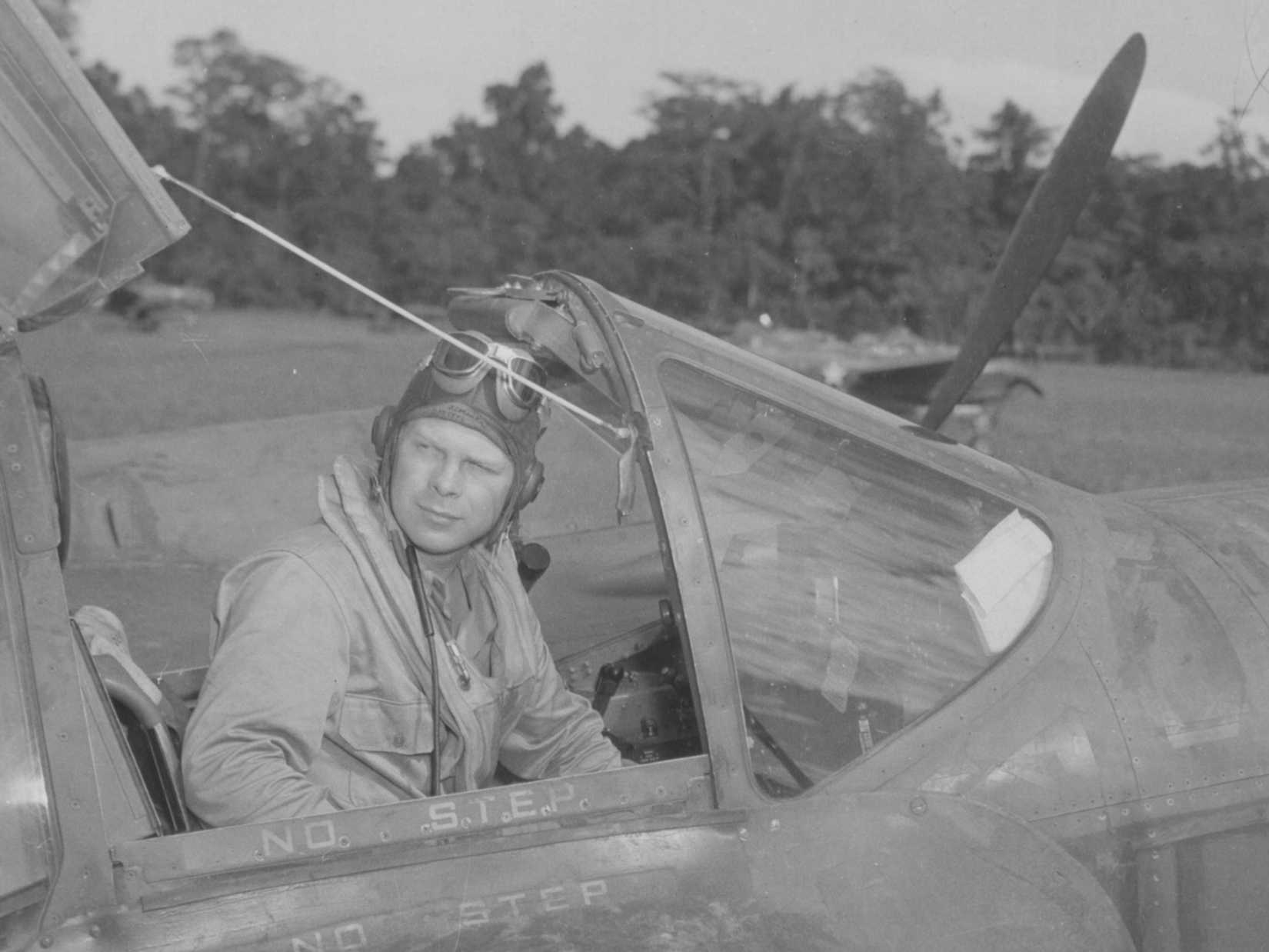 Lt. Richard Bong of Poplar, Wisconsin, in cockpit of his Lockheed P-38 Lightning in New Guinea, 6 March 1943