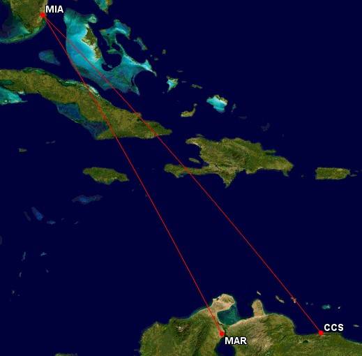 Miami to Maracaibo and Caracas route map