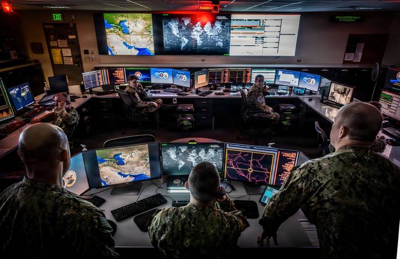 Service members monitor computer displays inside the Missile Warning Center at Cheyenne Mountain Space Force Station, Colorado Springs, Colo., May 7, 2026.