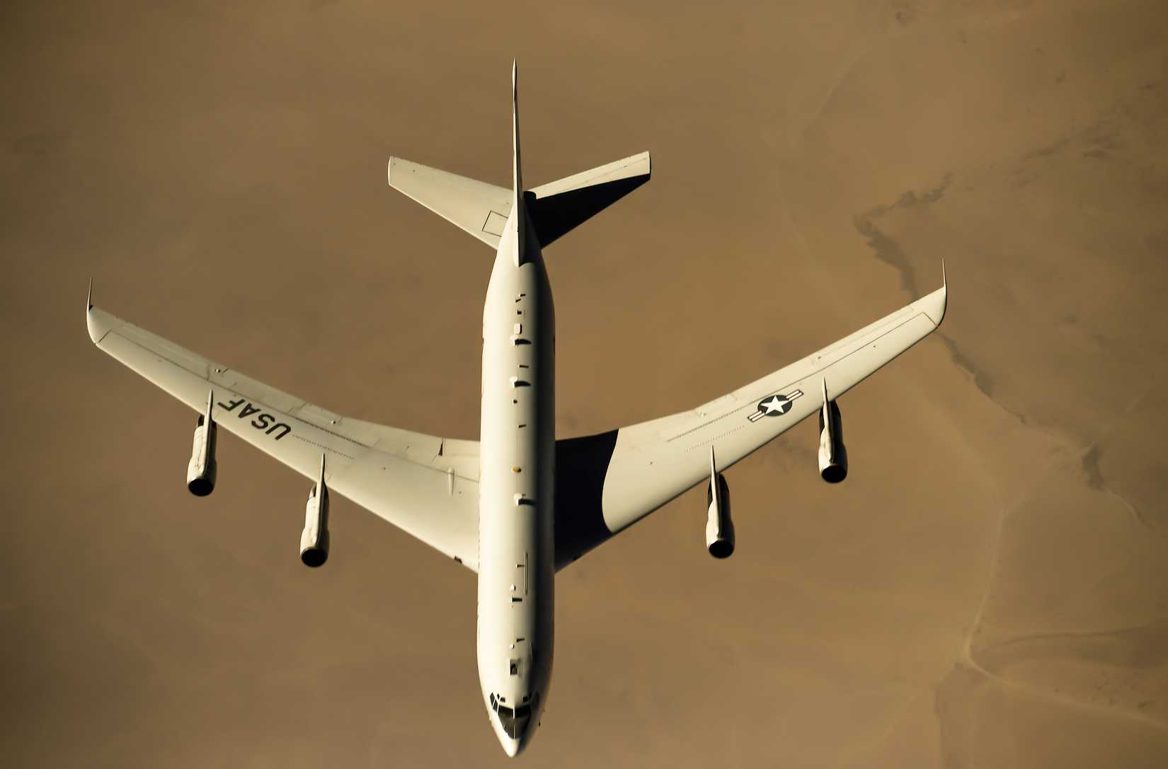 n E-8C Joint Surveillance Target Attack Radar System departs after receiving fuel from a Stratotanker during a mission over Iraq in support of Operation Inherent Resolve, on Sept. 6, 2017