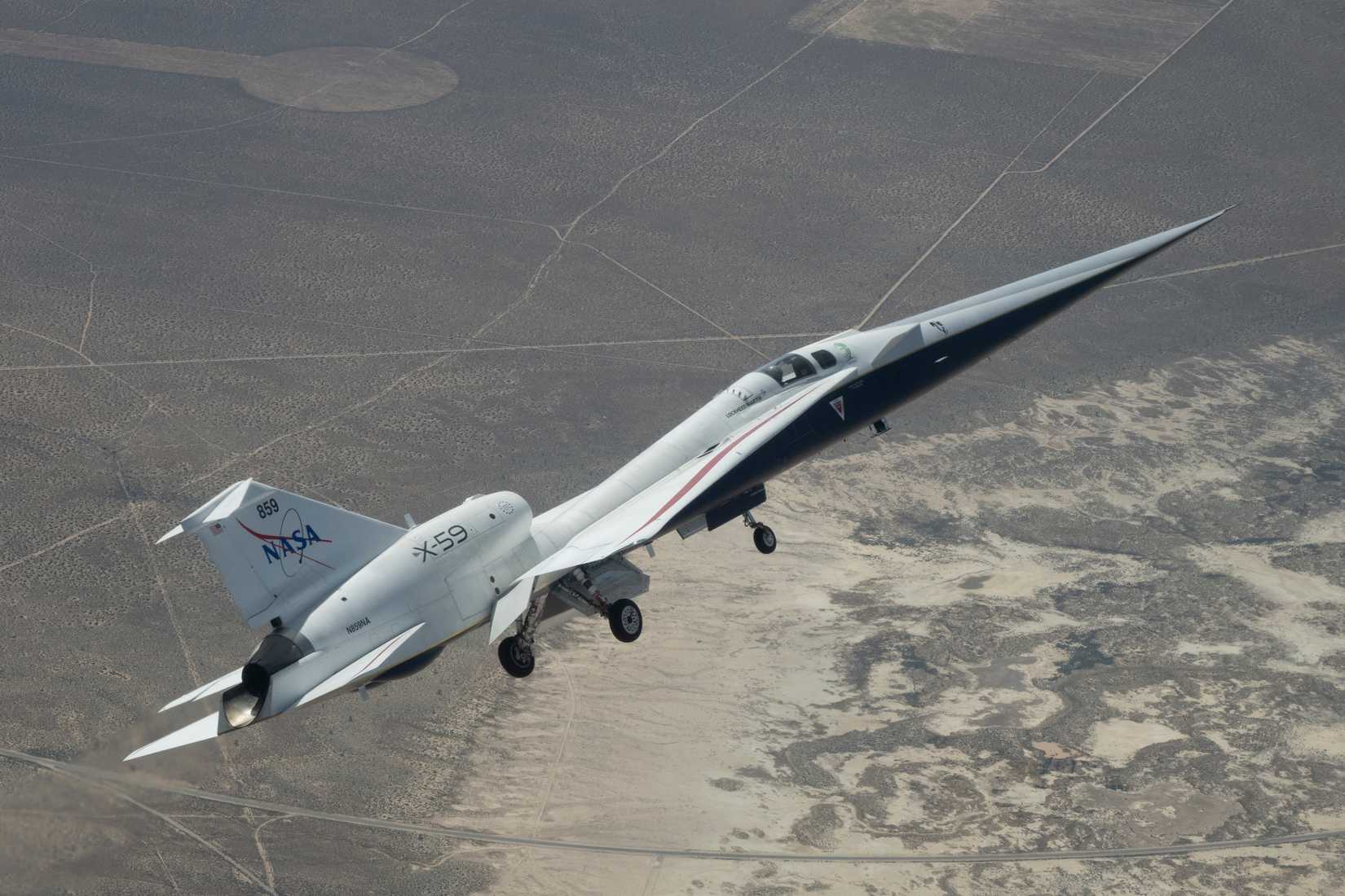 NASA’s X-59 quiet supersonic jet flies over the Mojave Desert during its third flight on Thursday, March 26, 2026, from NASA’s Armstrong Flight Research Center in Edwards, California. 