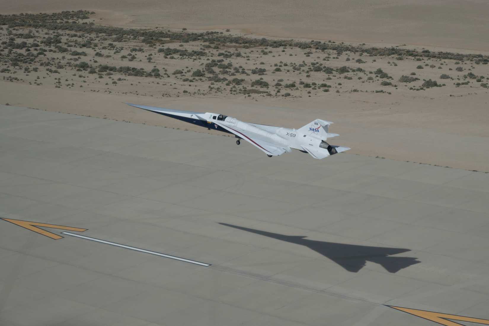 NASA’s X-59 quiet supersonic research aircraft approaches landing at Edwards Air Force Base in California on Thursday, March 26, 2026. 