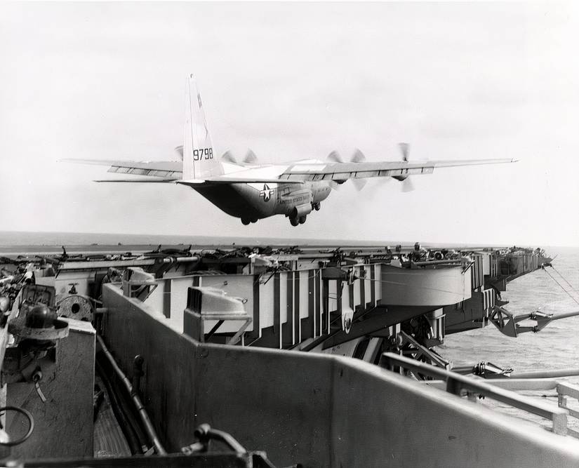 Photo of a KC-130 taking off from the deck of the USS Forrestal