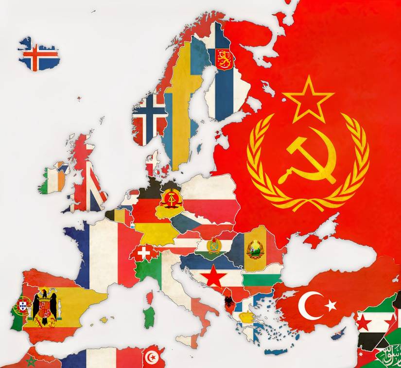 An image, primarily featuring Europe, East Europe and the USSR during the Cold War. The individual countries are represented as their national flags at the time. 