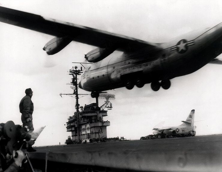 Historic U.S. Navy image connected to C-130 carrier landing trials.