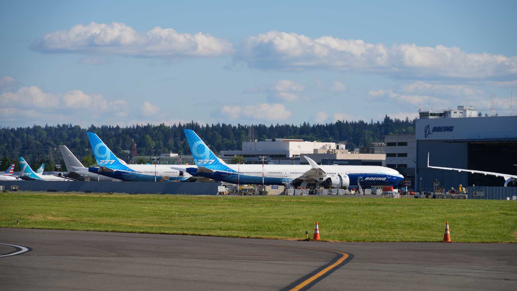 New Boeing 777-9 airplanes in testing at Boeing Field in Seattle