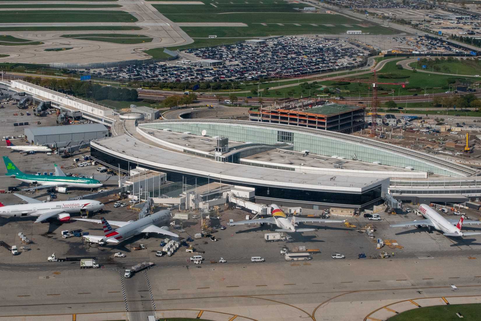 ORD Airport view from above with a few aircraft at the terminal