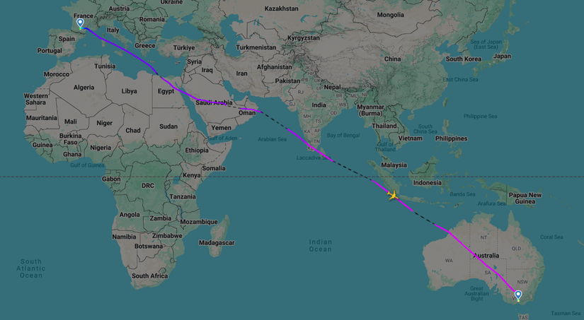 Qantas A350-1000ULR Toulouse Melbourne Flight Map