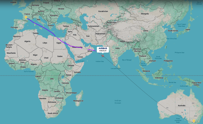 Qantas Toulouse Melbourne Test Flight Map