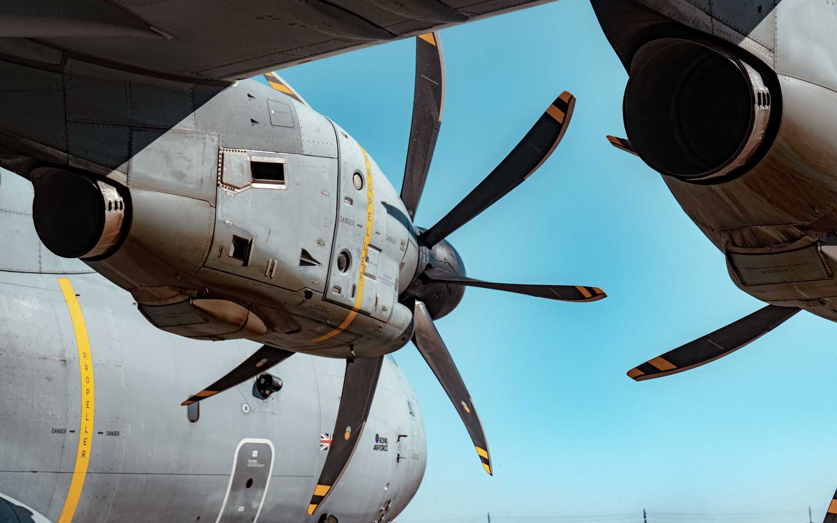 Royal Air Force service members begin their pre-flight procedures on an RAF Airbus A400M Atlas aircraft during Emerald Warrior 25.2, Marine Corps Air Station Yuma, Arizona, July 31, 2025