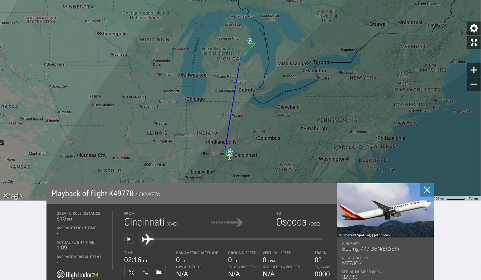 Flight tracking route of N788CK following tailstrike
