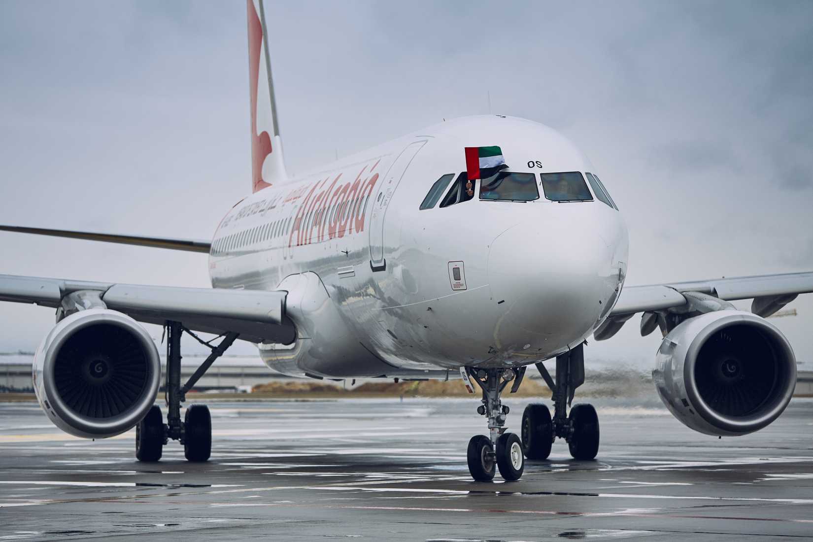 Prague, Czech Republic - December 11, 2018: Air Arabia Airbus A320 taxiing to gate after inaugural flight from Sharjah to Prague on December 11, 2018.