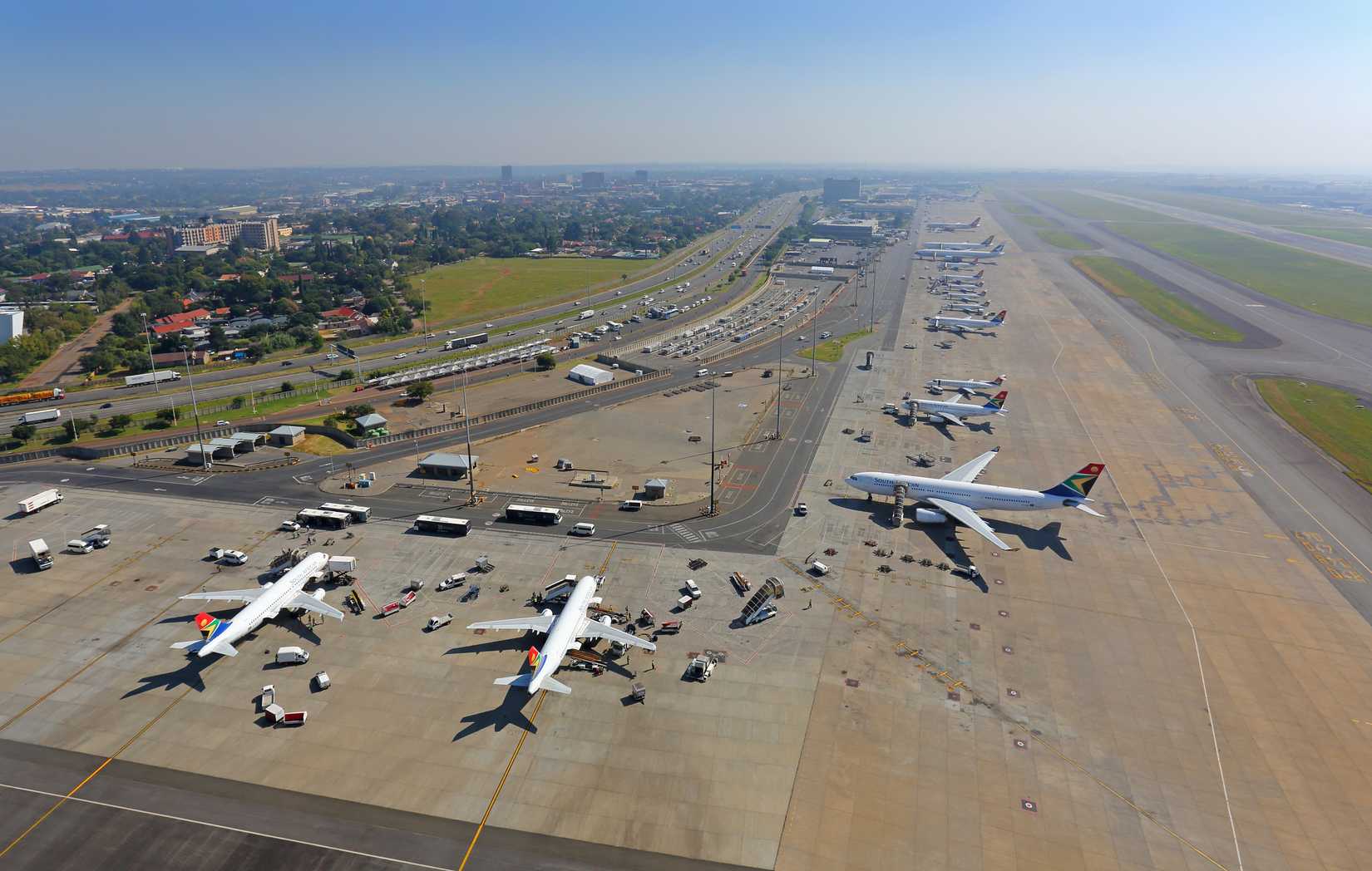 Aerial view of airliners at OR Tambo International Airport