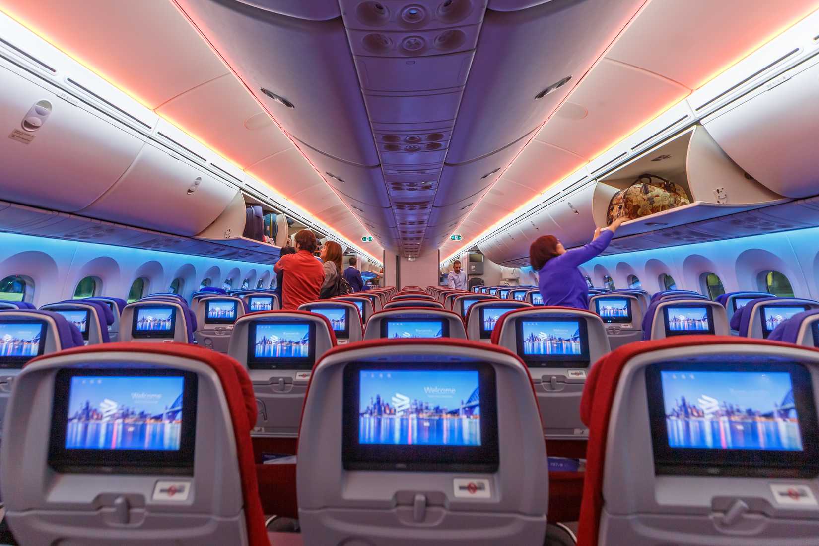 Frankfurt, Germany – November 20, 2019: LATAM Economy Class cabin in a Boeing 787-9 Dreamliner airplane at Frankfurt airport (FRA) in Germany.