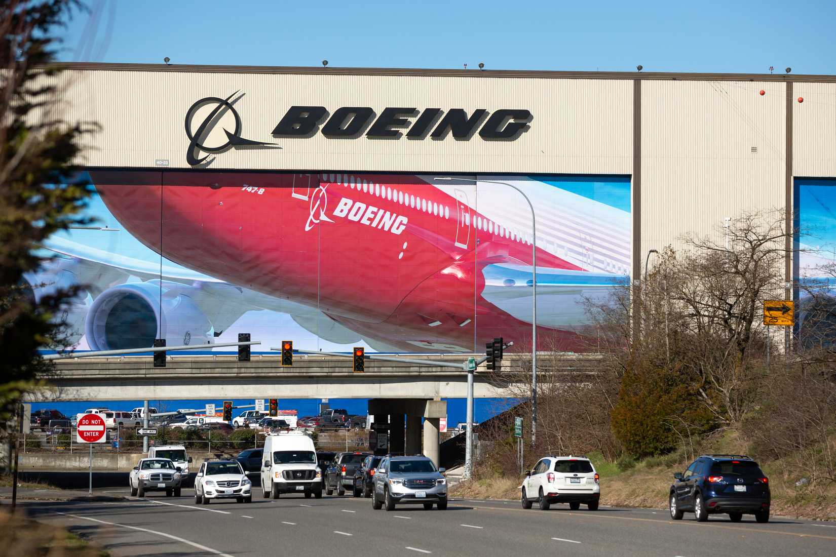 Everett, Washington / USA - March 9 2020: Boeing sign at the factory for the Dreamliner, 777, and 747 assembly lines