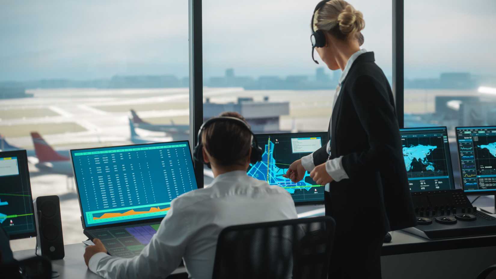 Female and Male Air Traffic Controllers with Headsets Talk in Airport Tower. Office Room is Full of Desktop Computer Displays with Navigation Screens, Airplane Departure and Arrival Data for the Team