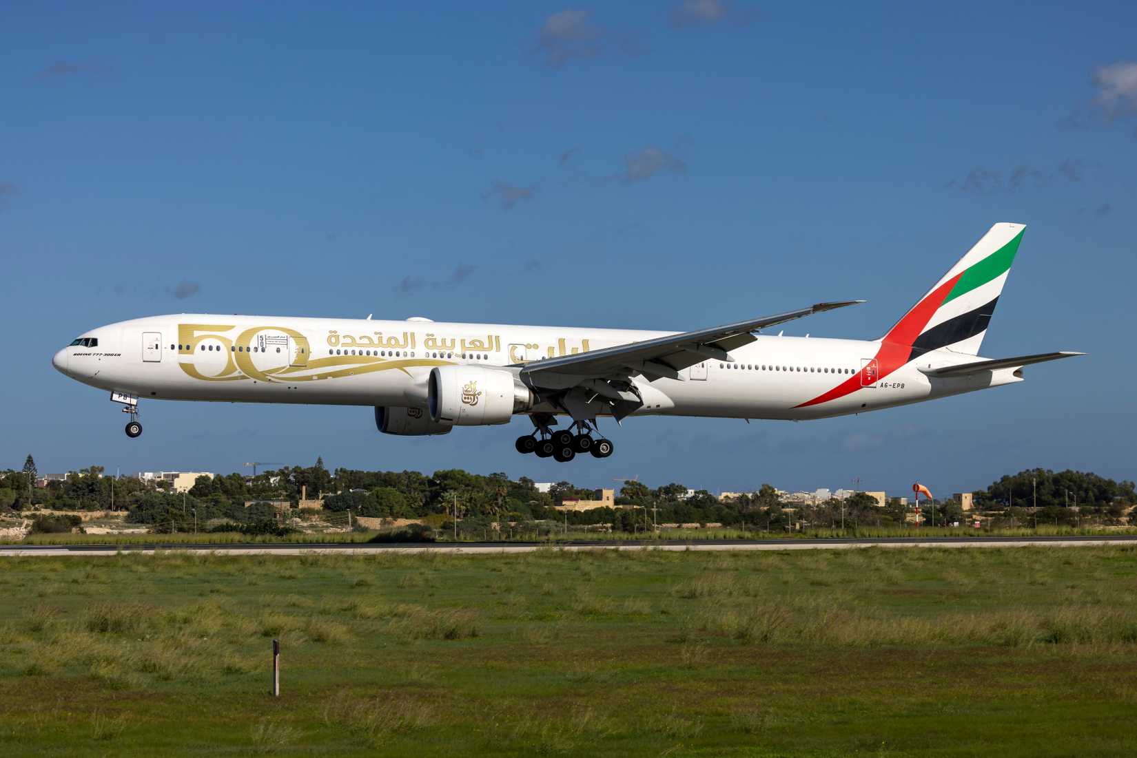  Emirates Boeing 777-31H-ER (REG: A6-EPB) sporting the "UAE's 50th Anniversary" scheme