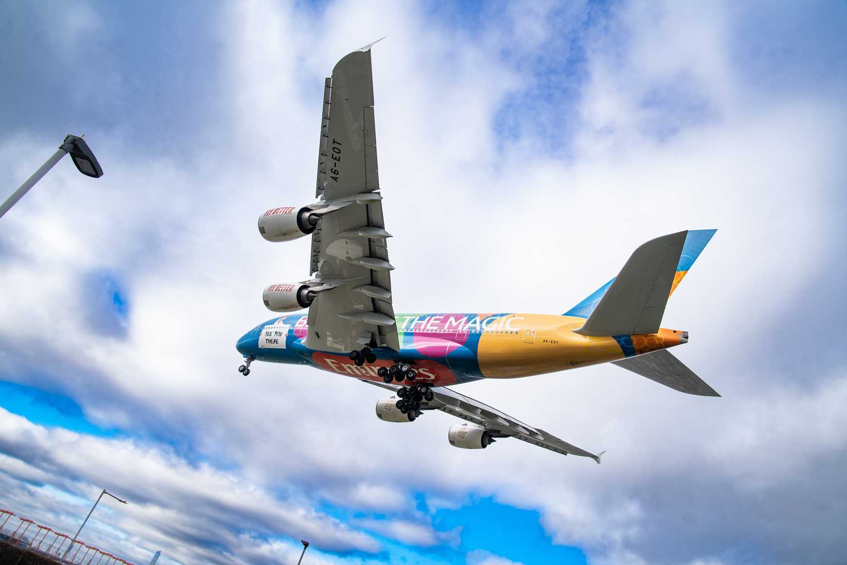 Emirates Airbus A380 aircraft view from the bottom