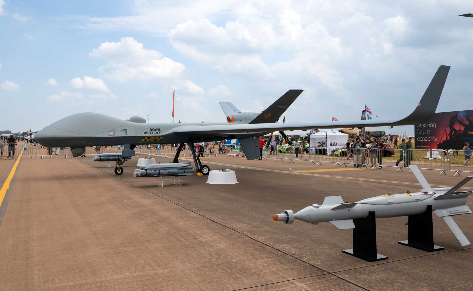 RAF Protector RG Mk 1 (General Atomics MQ-9B Reaper) UAV drone on display at RAF Fairford air base. Fairford, UK - July 13, 2018