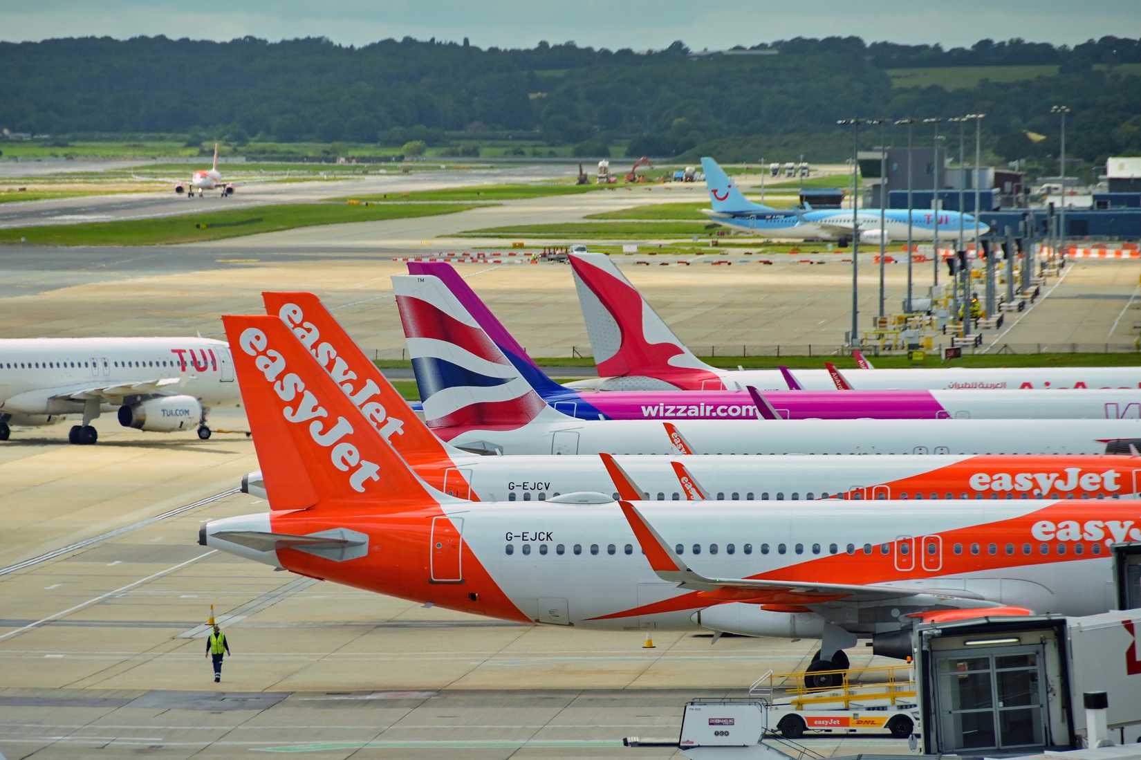 Row of easyJet, British Airways, and Wizz Air aircraft 