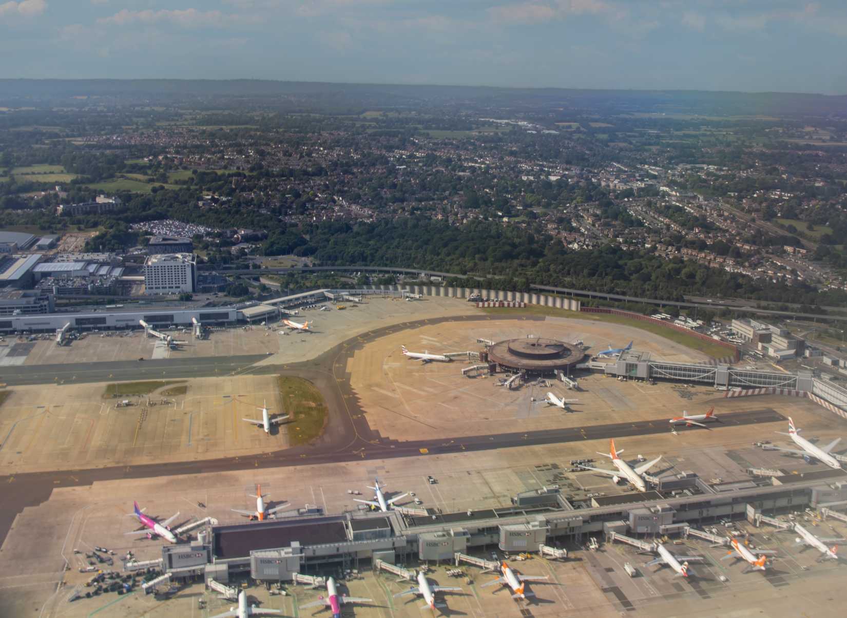 Gatwick, Sussex, UK - 13th June 2023: An aerial view of Gatwick Airport in Sussex, UK