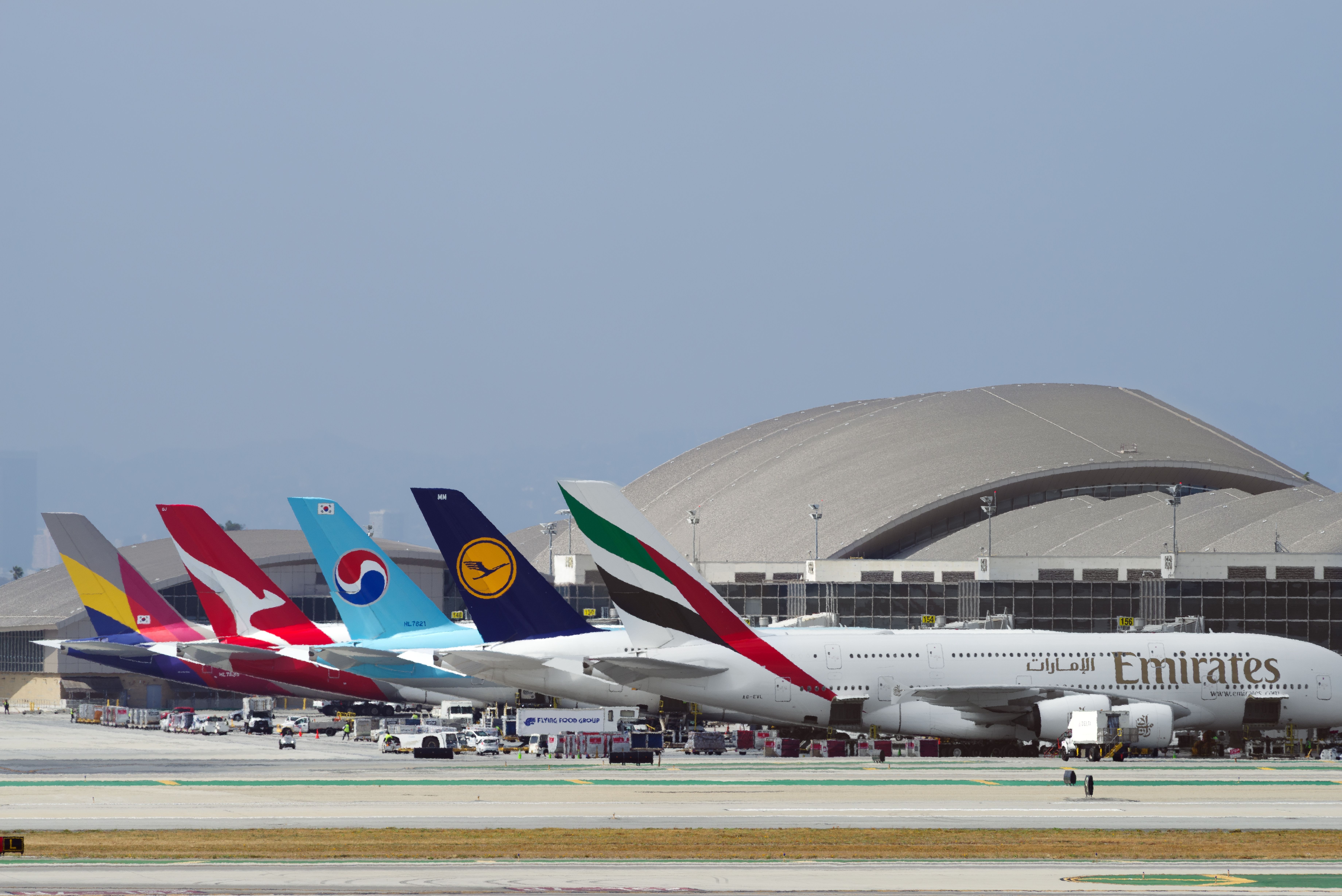 Emirates, Lufthansa, Korean, Qantas, and Asiana Airbus A380s at the Lo s Angeles International Airport
