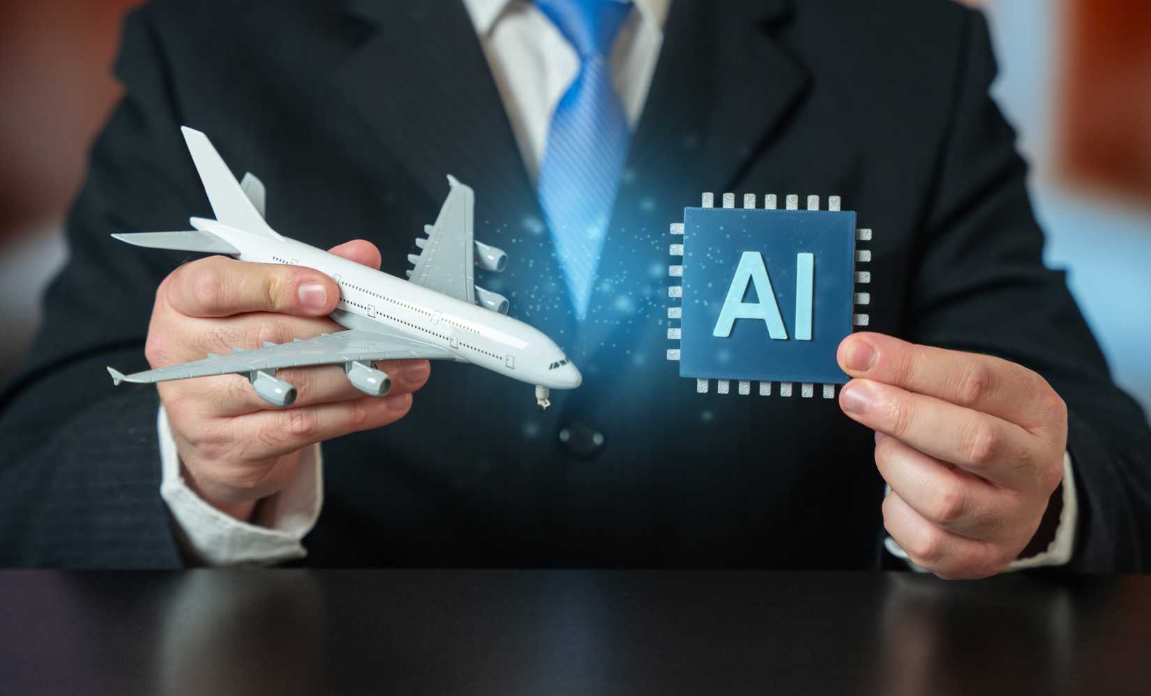 Implementation of AI in aviation and flight management. Airplane and AI microchip. Modern aviation technology integrates artificial intelligence to optimize flight routes, enhance safety