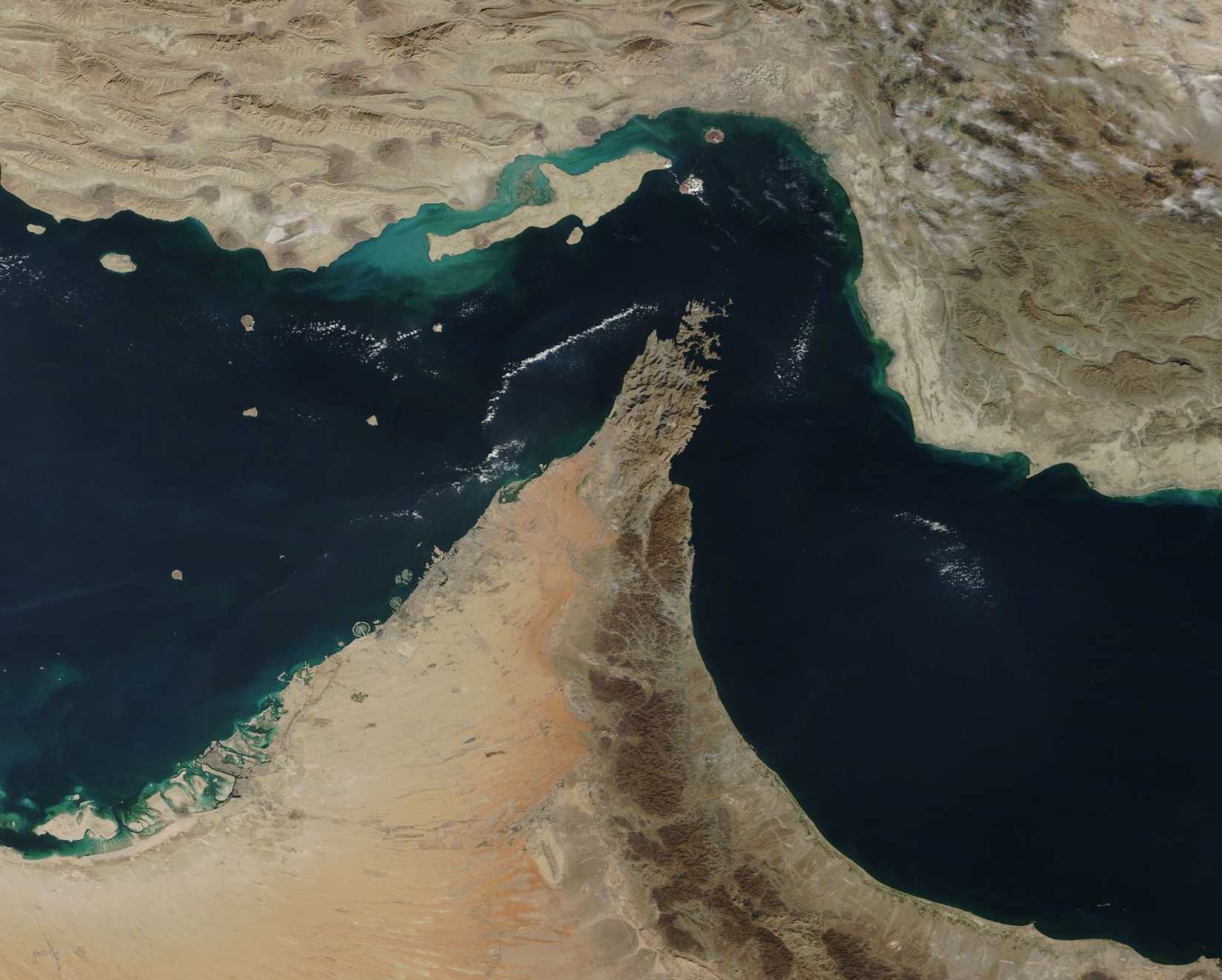 An aerial perspective of the Strait of Hormuz