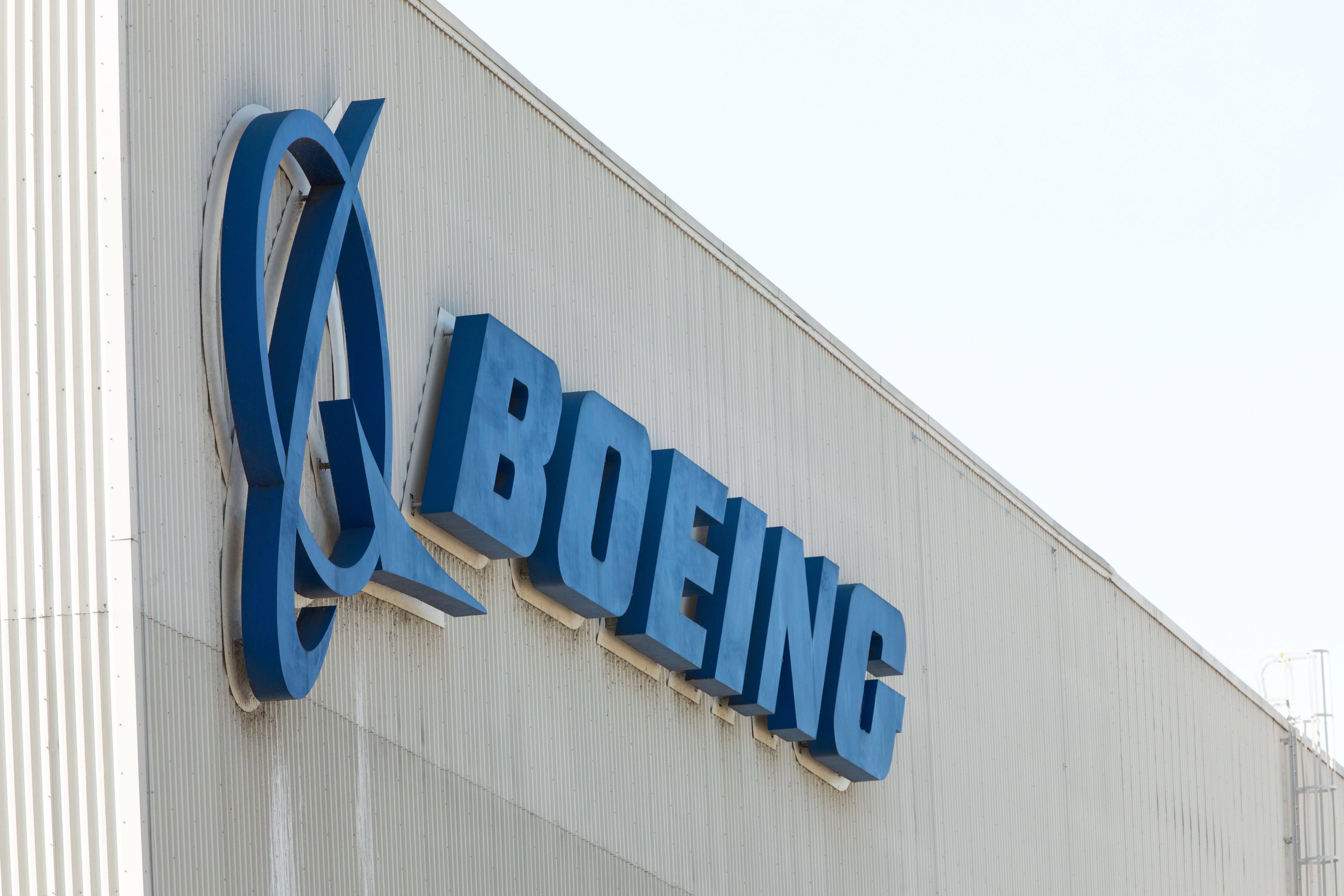 Boeing logo at the 737 MAX airliner factory in Renton, Washington.