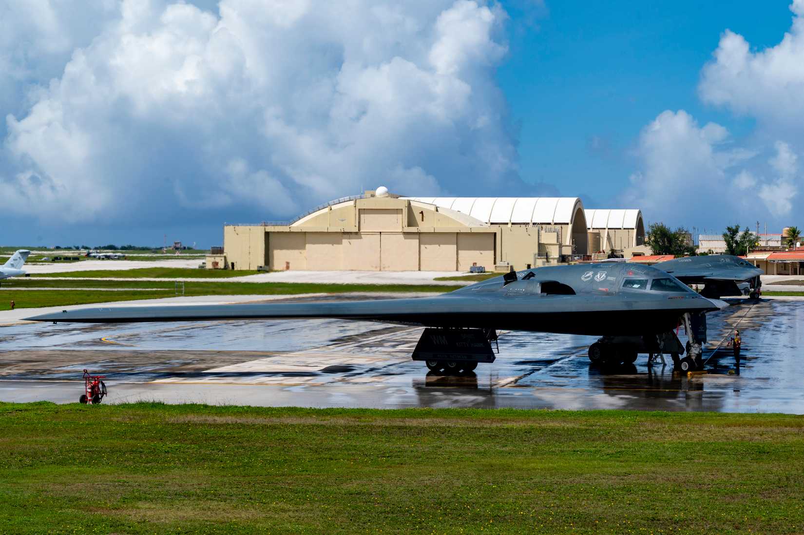 Two B-2 Spirit bombers, deployed from Whiteman Air Force Base, Missouri, are prepped for a training mission at Andersen Air Force Base, Guam in support of Valiant Shield 24, June 13, 2024. 