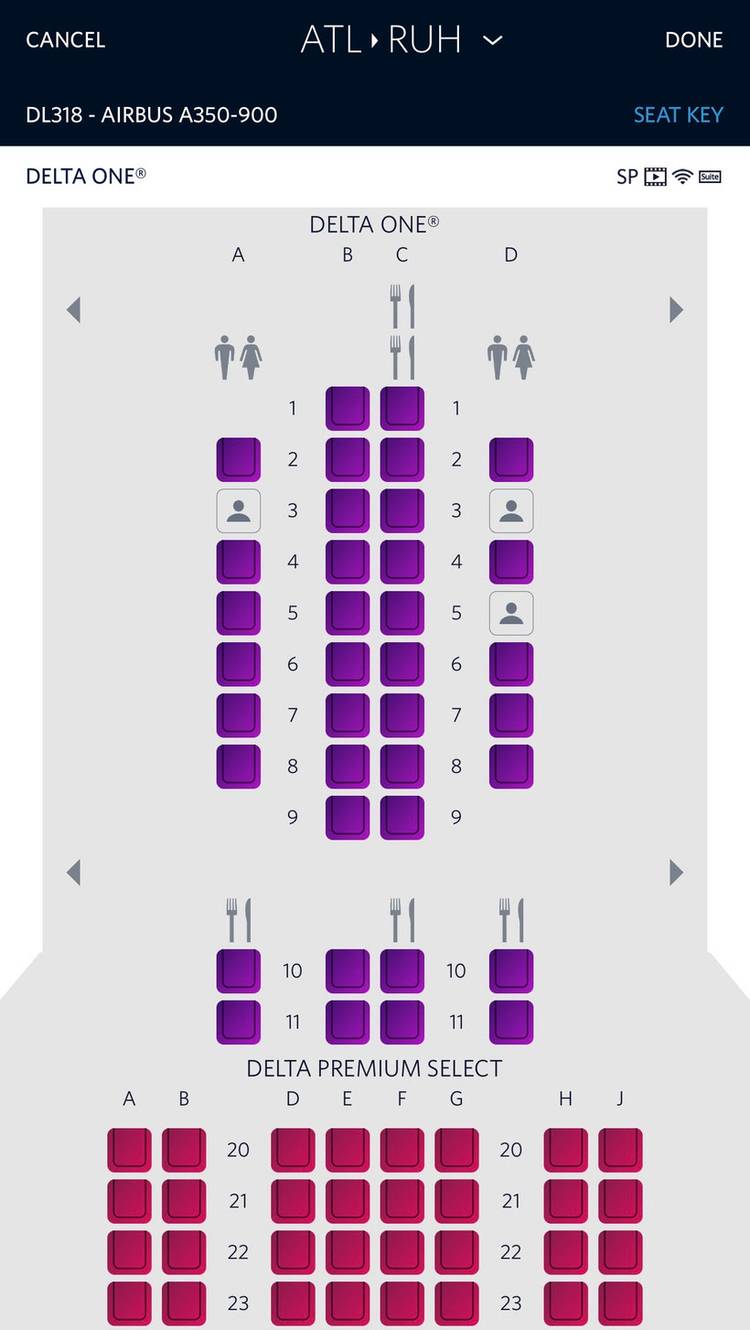 Delta Air Lines Atlanta to Riyadh seat map