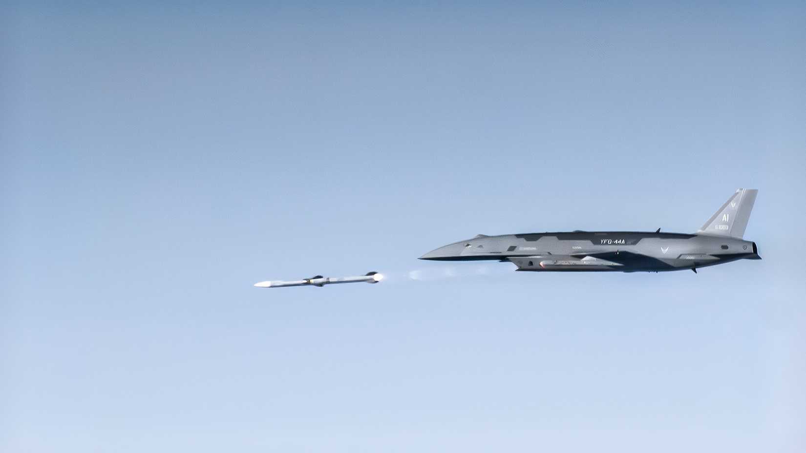 A photo of the YFQ-44A Fury drone Firing an inert AIM-120 missile during a test at Edwards Air Force Base. 