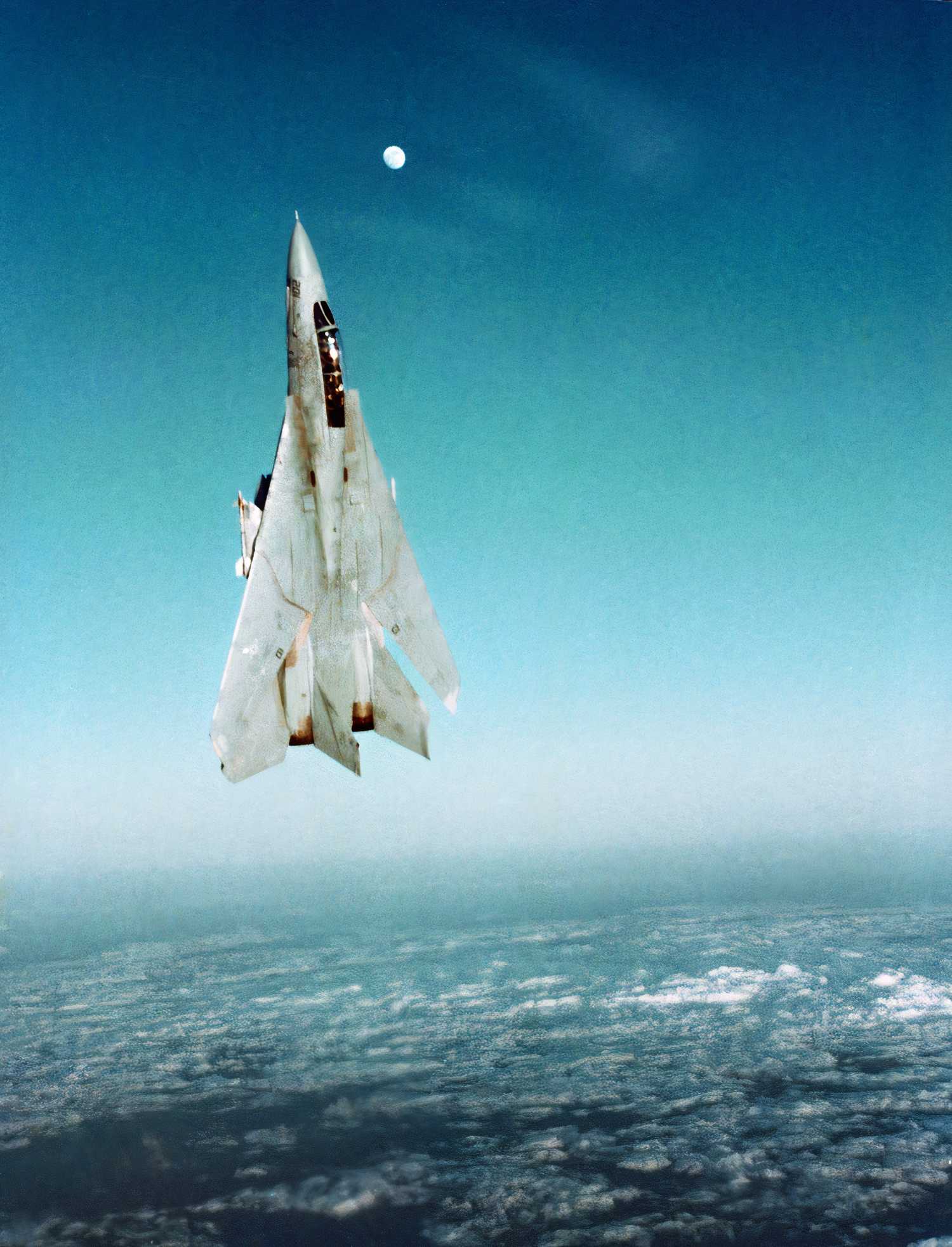A photo of an F-14 Tomcat 1in a vertical climb.